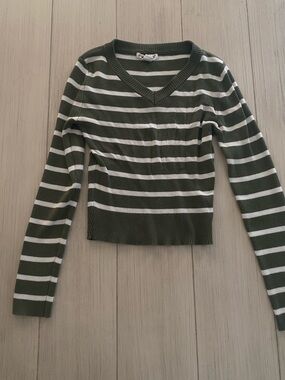 Charlotte Russe Olive Green and White Striped V-Neck Sweater